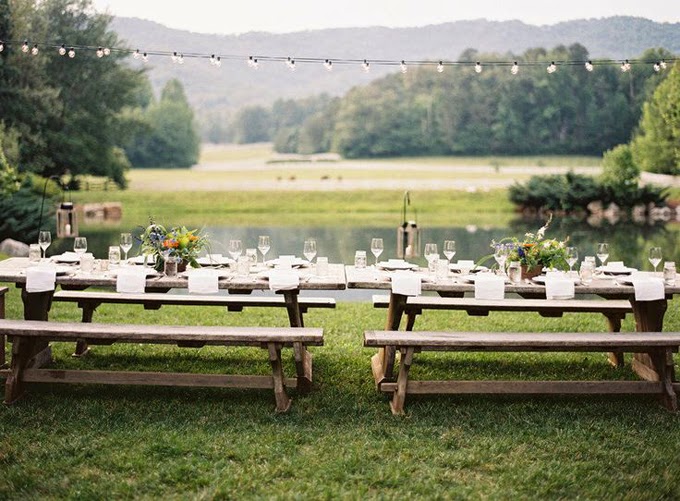10 Country Chic and Rustic Wedding Tablescapes - Picnic Tables or Bench Seating