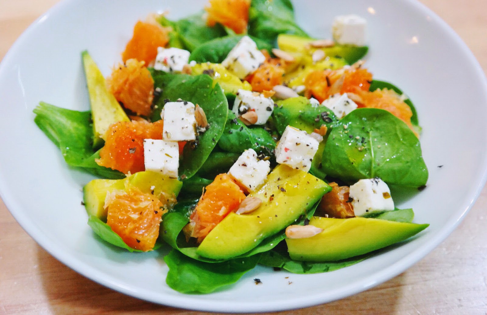 Avocado Feta Orange Salad with Baby Spinach and Pumpkin Seeds Easy