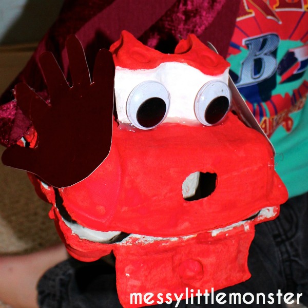 Egg box dragon puppet.  Recycled Chinese new year craft for kids,  toddlers, preschoolers, eyfs.