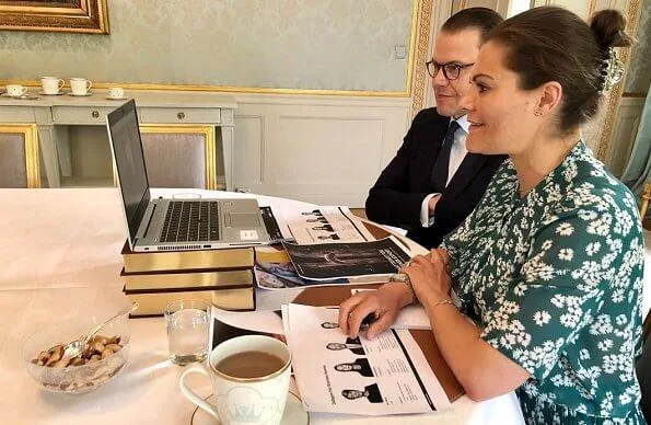 Crown Princess Victoria and Prince Daniel took part in a digital meeting. Princess Victoria wore a new green floral print dress by Rodebjer