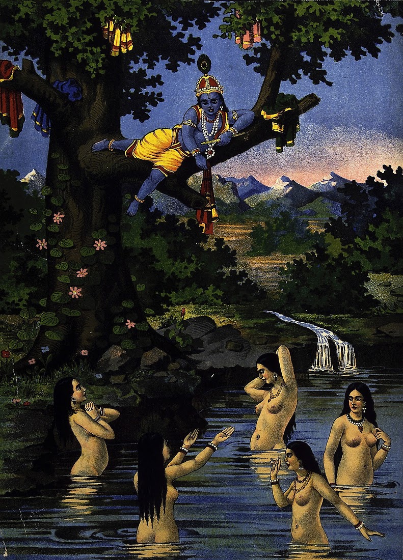Krishna Stealing the Cowgirls Clothes and Watching them Bathe in the River Below - Lithograph Print, Ravi Udaya F.A.L Press, Ghatkopar, Bombay