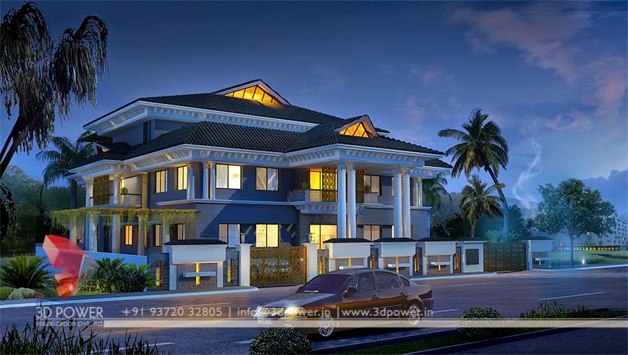 3D Night View Exterior Of  Roof  Pattern  Bungalow