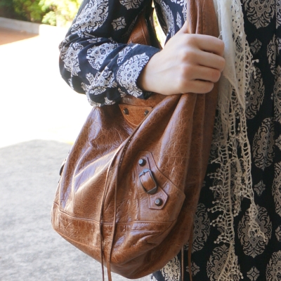 Balenciaga truffle brown RH classic day bag 09 worn on shoulder long tassels | away from the blue