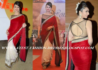 half and half red velvet saree Bollywood actress half and half red velvet saree