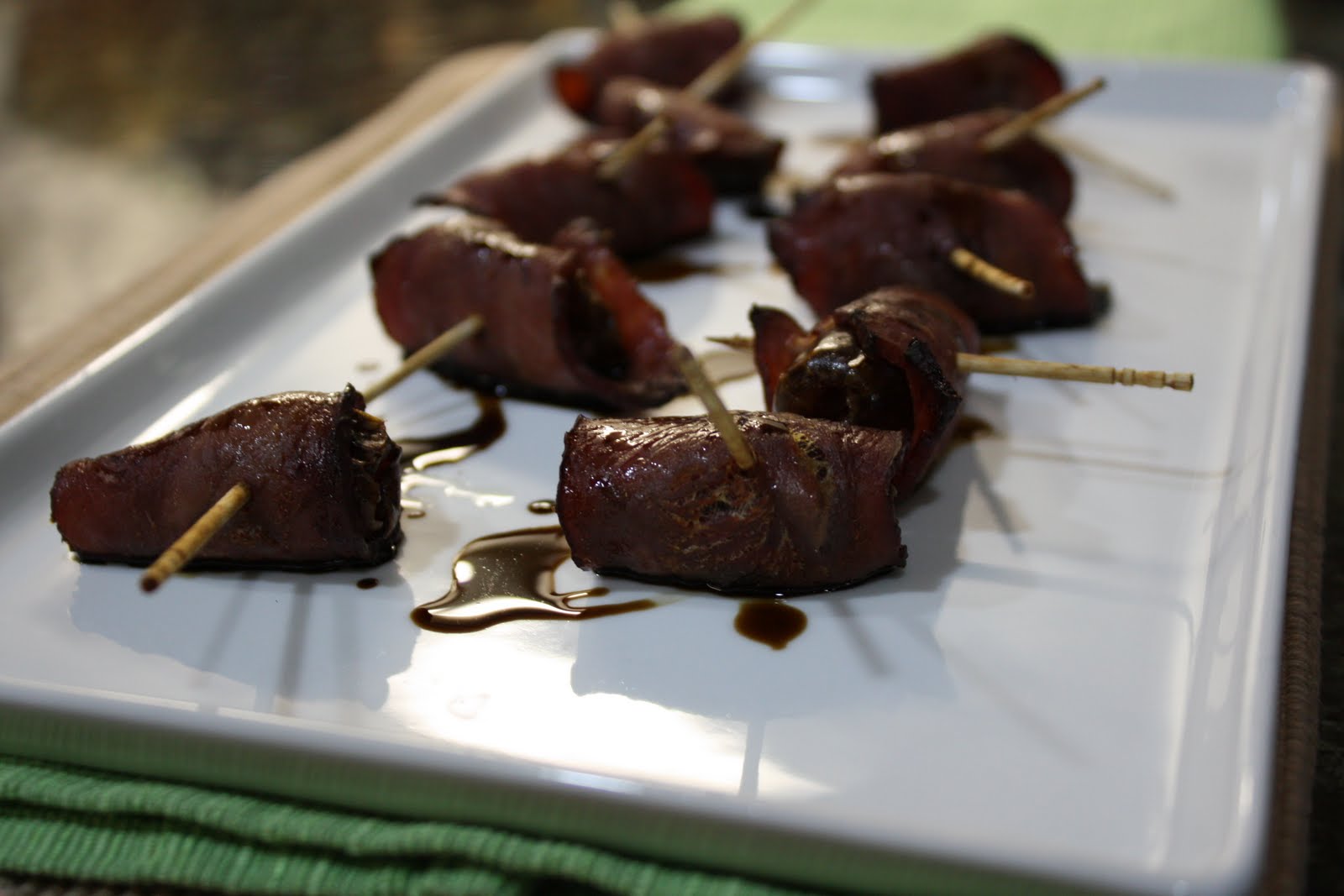 Playing Chef Turkey Bacon Wrapped Dates w/ Balsamic Reduction
