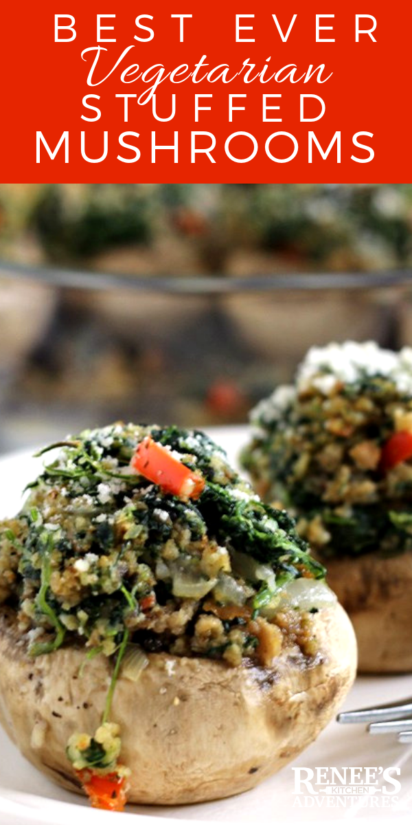 Easy Vegetarian Stuffed Mushrooms by Renee's Kitchen Adventures - easy recipe for vegetarian stuffed mushrooms made with spinach, red pepper, onion, bread crumbs, and Parmesan cheese. Makes a great appetizer or side dish. Make ahead directions great for Thanksgiving and Christmas holidays. #mushroom #stuffedmushroom #vegetarian #vegetable #Thanksgiving #Christmas #makeaheadrecipe