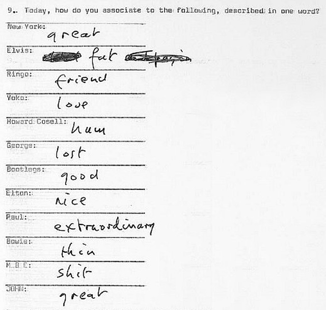Today How Do Youociate To The Following Described In One Word New York Great Elvis Fat Ringo Friend Yoko Love Howard Cosell Ham Today How Do Youociate To The Following Described In One Word New York Great Elvis Fat Ringo Friend Yoko Love Howard Cosell Ham