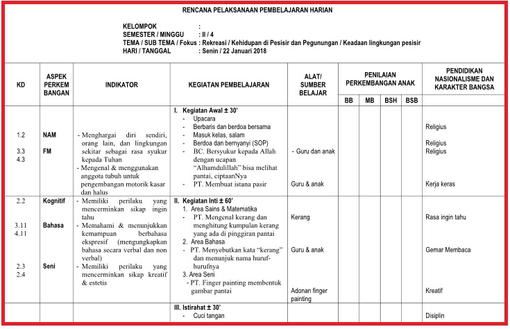 Rpph Tema Rekreasi Paud Ahad Ke 4 Semester 2 Kurikulum 2013