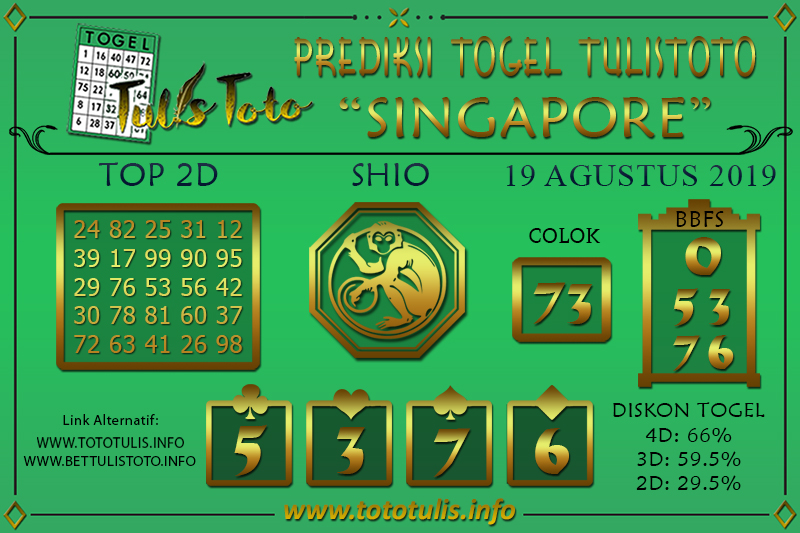 Prediksi Togel SINGAPORE TULISTOTO 19 AGUSTUS 2019