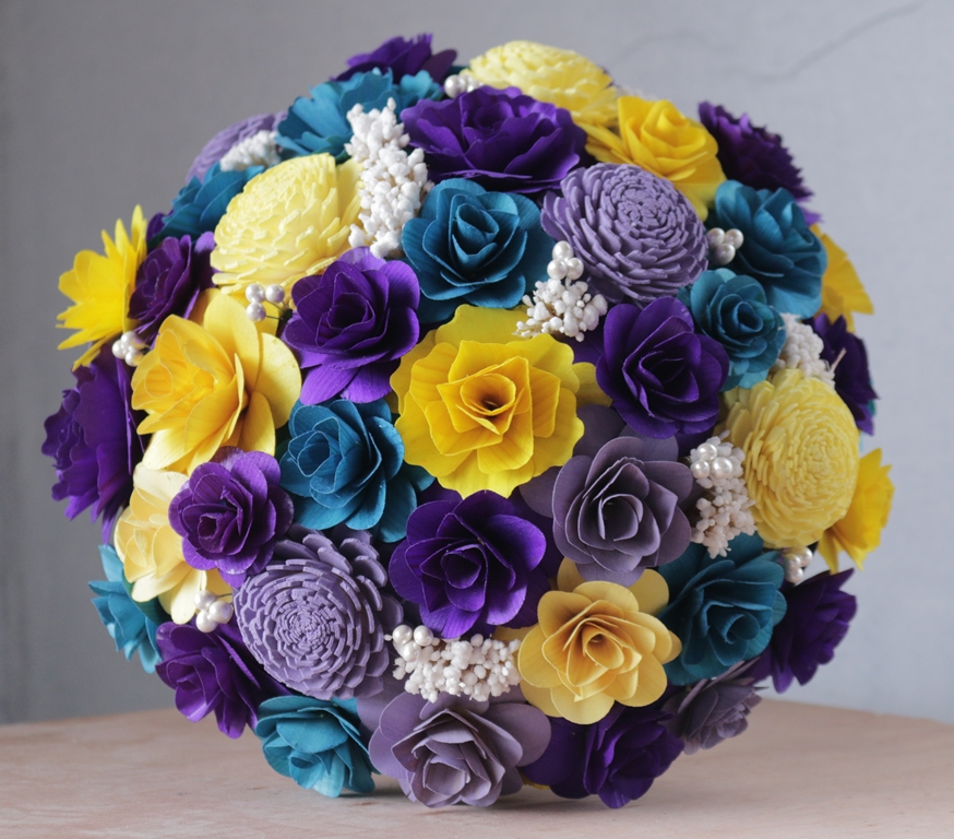 Turquoise, Purple and Yellow Wedding Bouquets, Corsages and