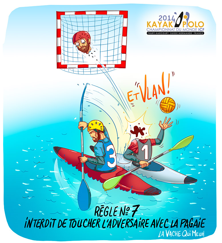 dessin humoristique sportif par le studio la vache qui meuh pour les championnat du monde de kayak polo 2014 en Normandie