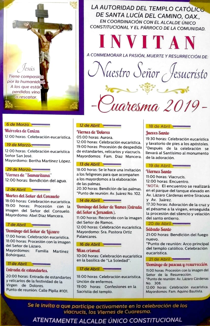 Programa 2019 de Cuaresma y Semana Santa en Santa Lucía del Camino, Oax Vive Oaxaca