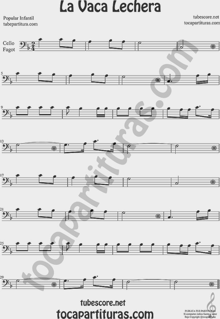 La Vaca Lechera  Partitura de Violonchelo y Fagot Sheet Music for Cello and Bassoon Music Scores