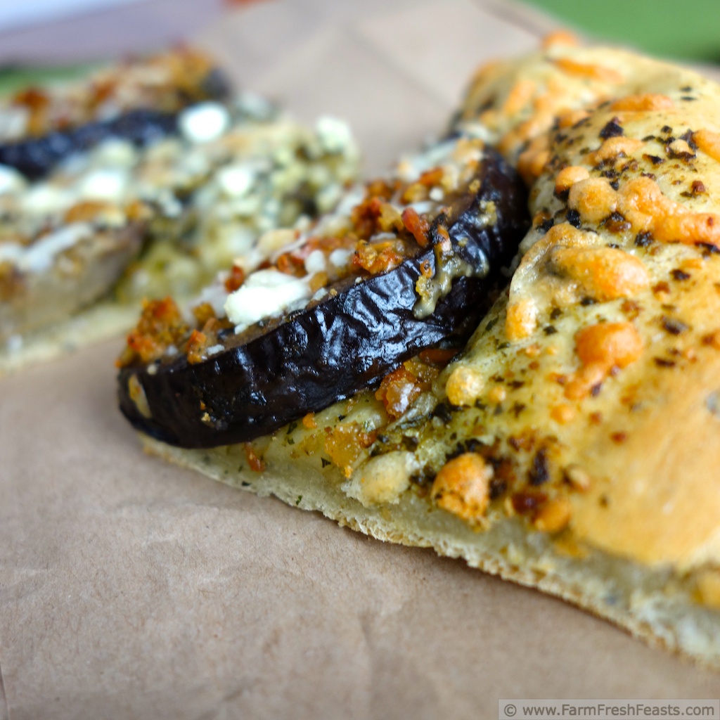 Farm Fresh Feasts Baked Eggplant Chip Pesto Pizza