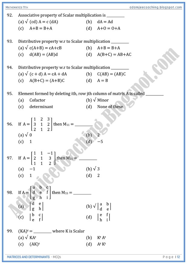 Adamjee Coaching Matrices and Determinants MCQs Mathematics 11th