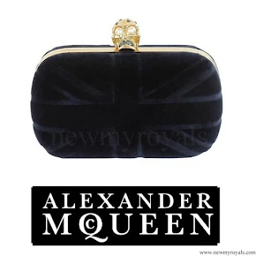 Crown Princess Victoria style Alexander McQueen navy velvet britannia clutch