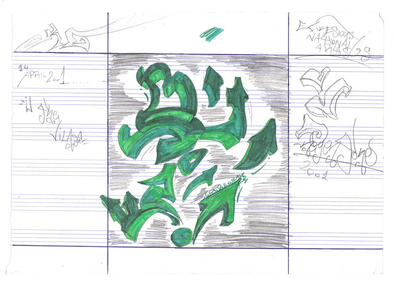 Bozo Green 3D Letters Vertical. Original naive, vintage graffiti sketch on copy paper by Kostas Gogas (akney), signed as Kent from his first Folder, 2001. ENA graffiti crew.