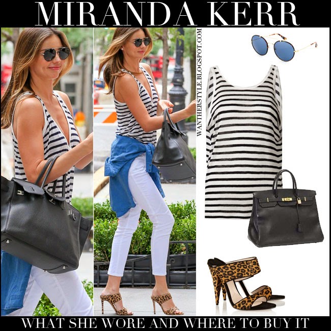 WHAT SHE WORE: Miranda Kerr in stripe top with white jeans and leopard ...