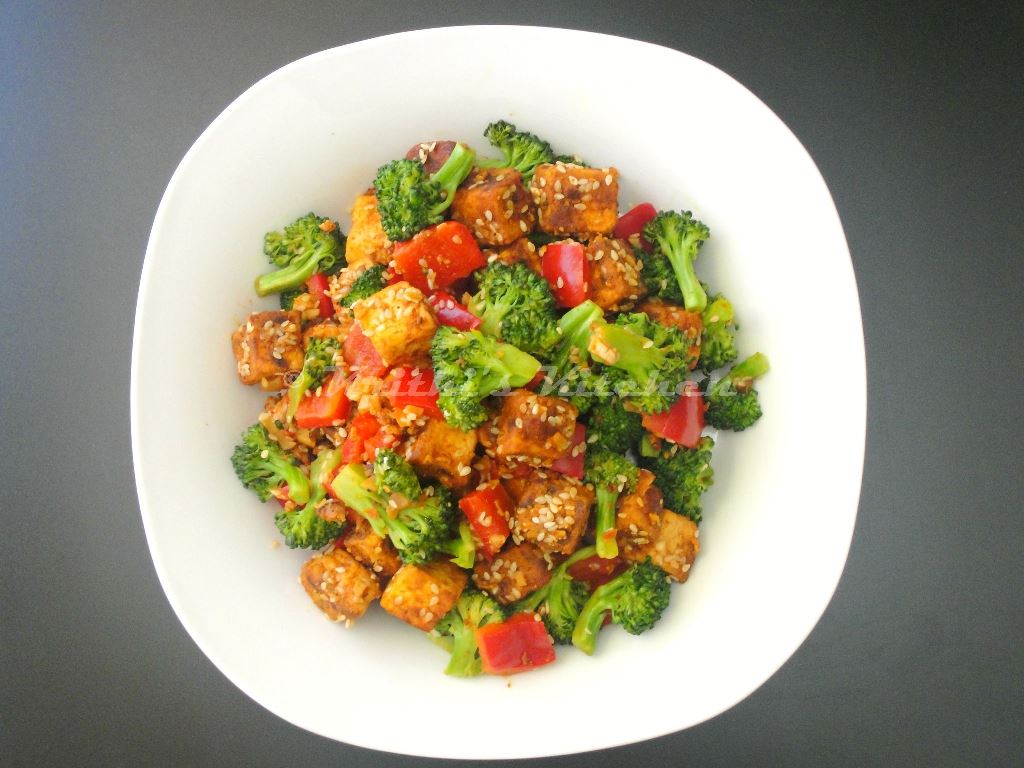 Krithi's Kitchen Sesame Crusted Tofu Salad with Broccoli and Bell