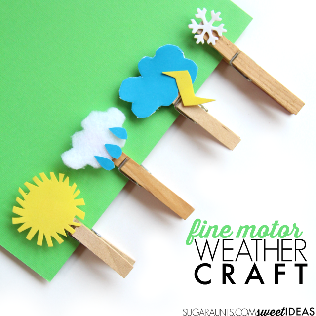 Fine motor weather craft with clothes pins. These are great for a creative writing journal prompt based on weather and a warm up exercise before handwriting.