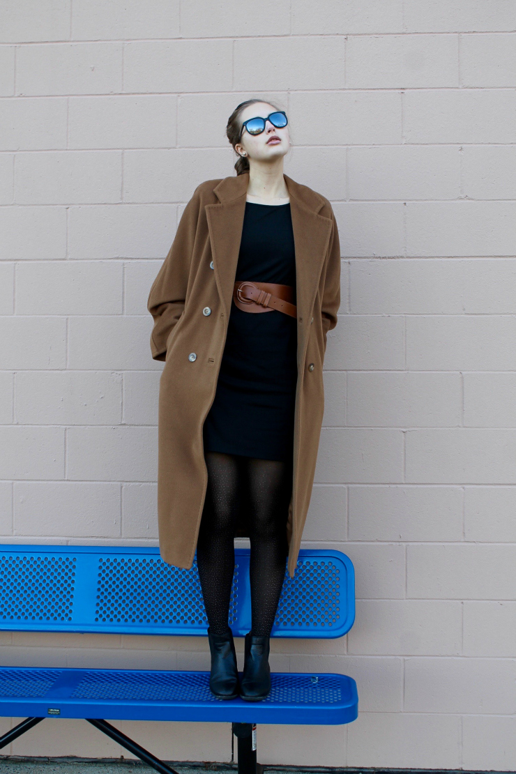 LBD and camel coat