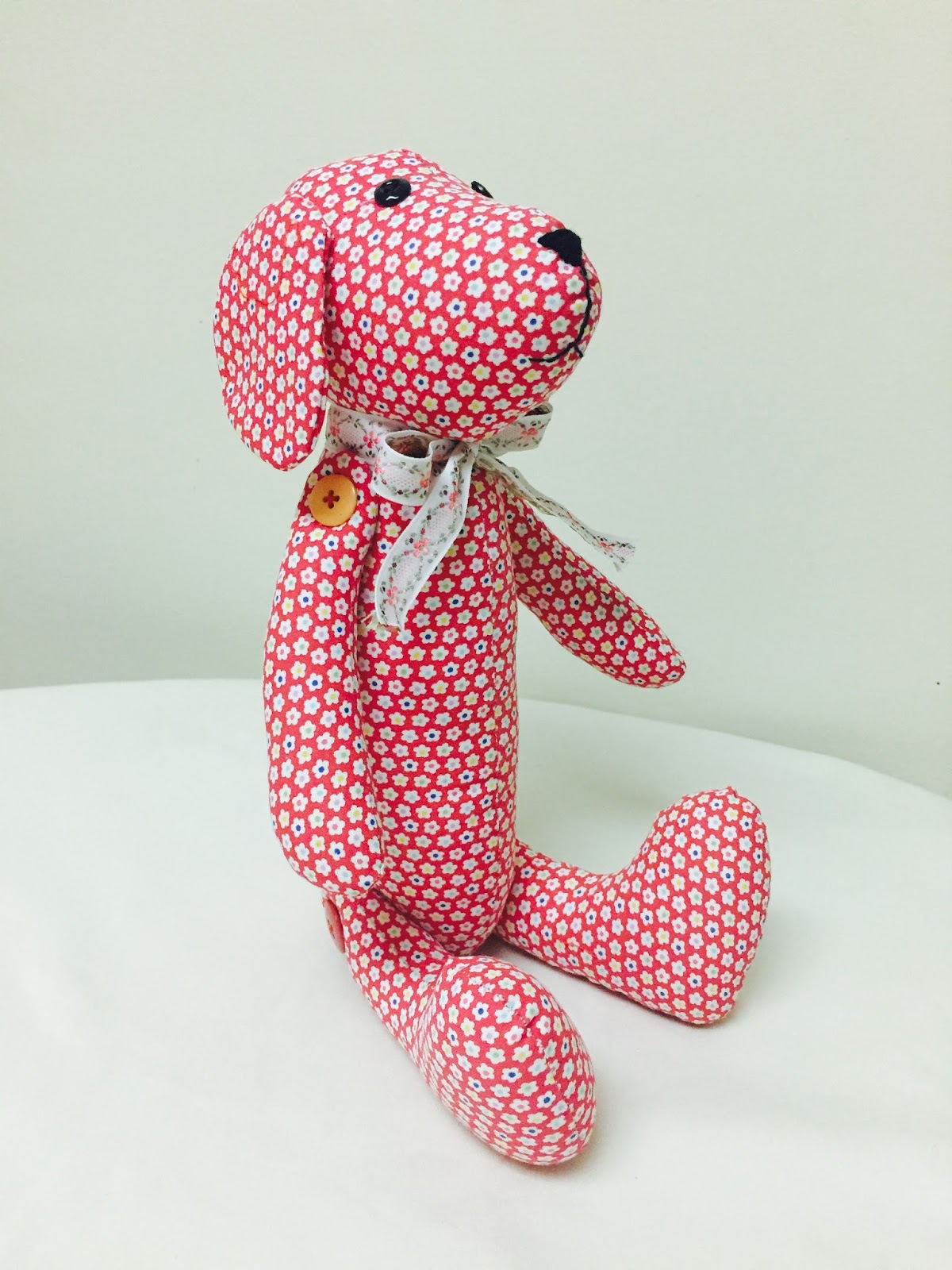 Adorable Handmade Red Floral Stuffed Dog w/ Movable Arms and Legs Fabric Stuffed Animal Sewing
