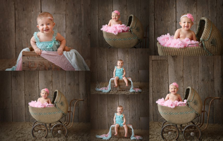One year old baby girl milestone session in a studio with a cake smash 