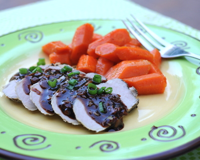 Hoisin & Honey Pork Tenderloin with Butter-Simmered Carrots Roasted, another Quick Supper ♥ KitchenParade.com, topped with a quick sauce of hoisin, soy sauce and honey and served with extra-flavorful, healthy carrots.