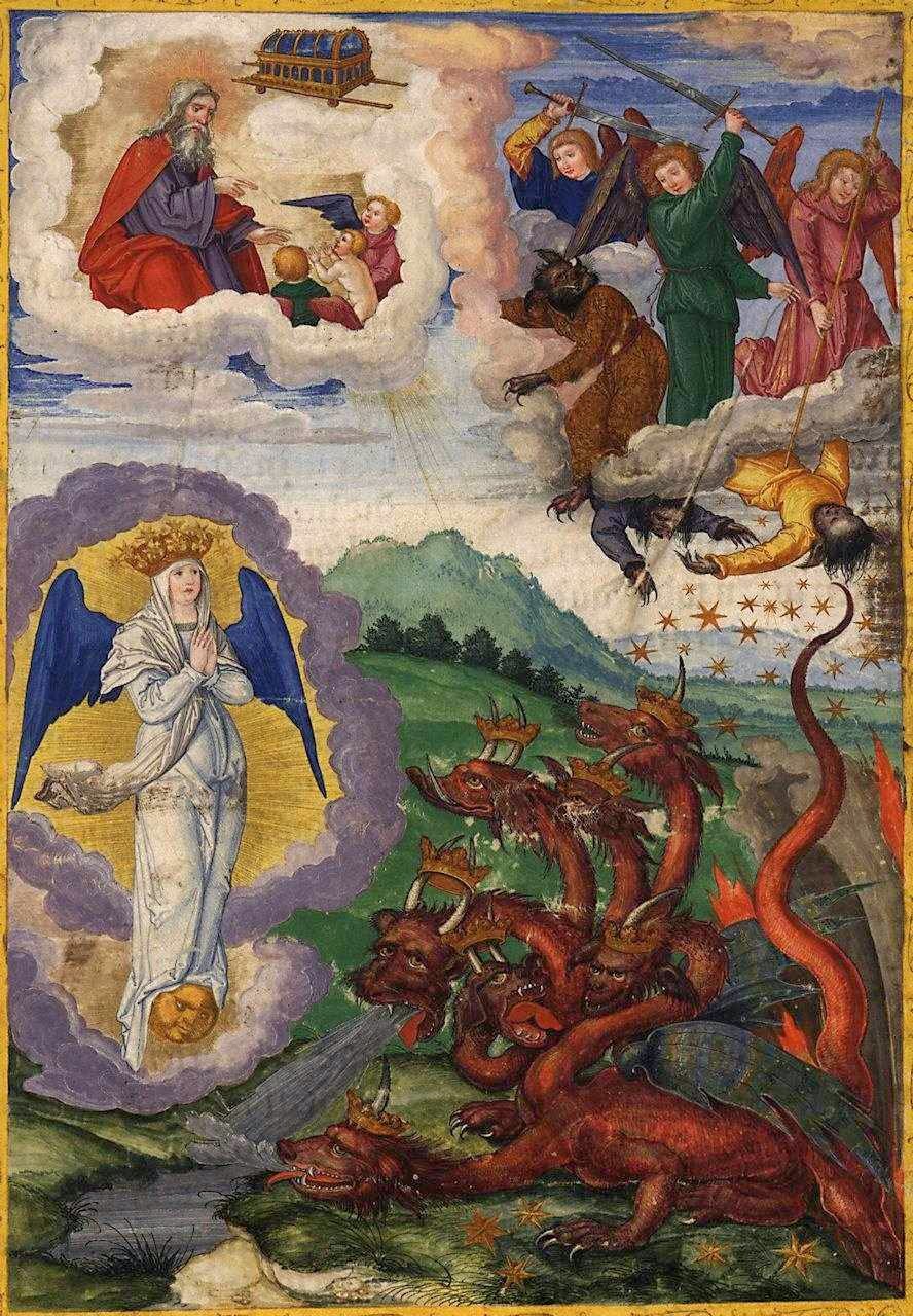 O dragão tenta inutilmente destruir a Igreja. Ottheinrich-Bibel, Bayerische Staatsbibliothek, Cgm 8010, Folio295r