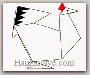 Bước 15: Vẽ mắt, lông để hoàn thành cách xếp con gà mái bằng giấy theo phong cách origami.