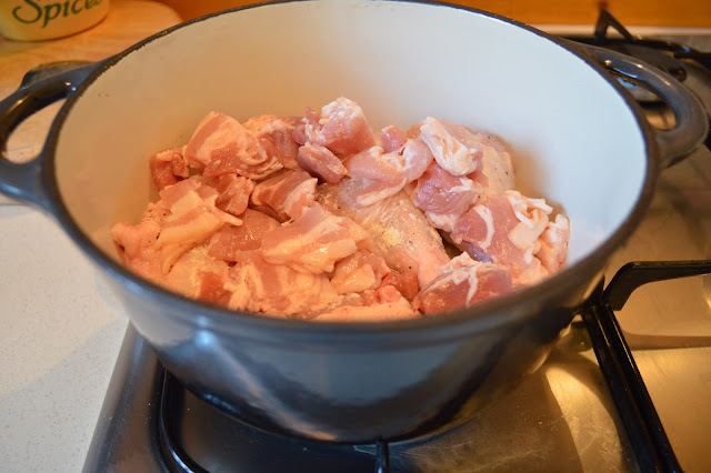 Browning the chicken and bacon