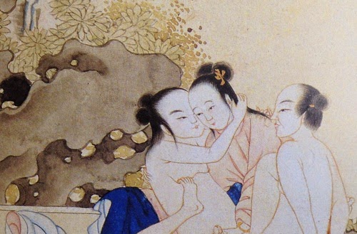 Menage a trois em pintura da China, com dois homens e (parece) uma mulher