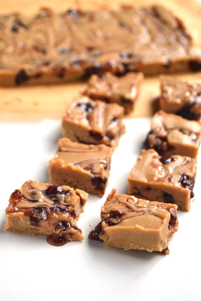 Peanut Butter and Jelly Protein Fudge is rich and creamy, is no-bake, has 5 ingredients and is stored in your freezer for a healthier treat made with coconut oil and nut butter! www.nutritionistreviews.com