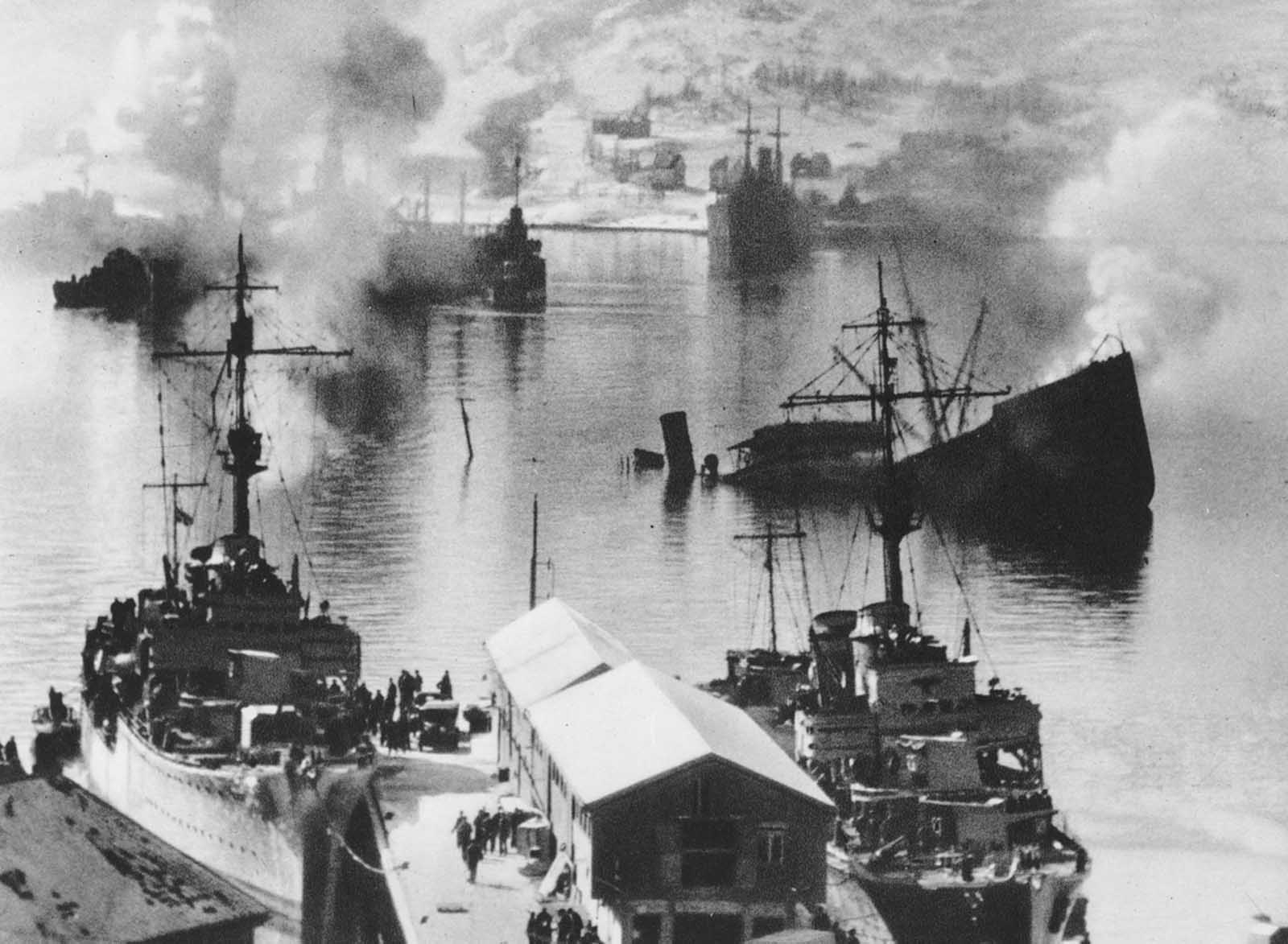 The remains of a naval battle in Narvik, Norway in 1940. Several battles between German and Norwegian forces took place in the Ofotfjord in the spring of 1940.