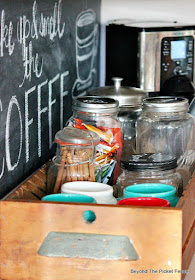 coffee, station, chalkboard, coffee sign, jars, mugs, old drawer, http://bec4-beyondthepicketfence.blogspot.com/2015/10/coffee-station.html