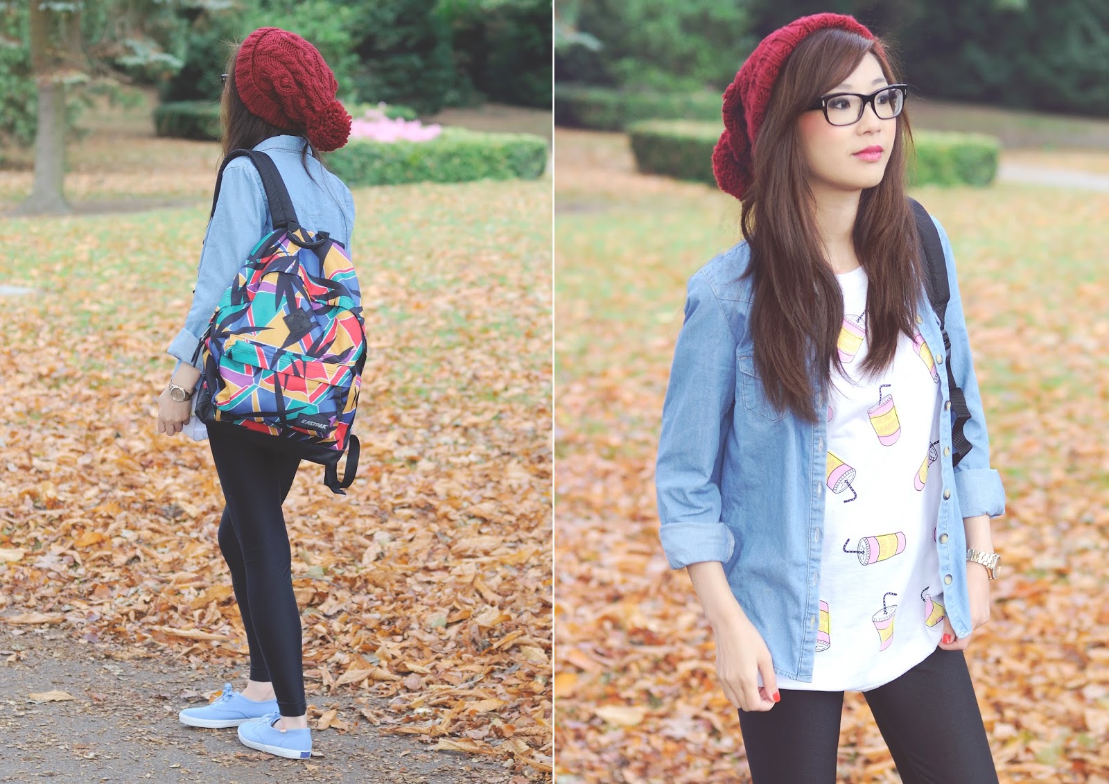 red bobble hat, eastpak backpack, casual outfit with denim shirt how to style a denim shirt, how to style backpack