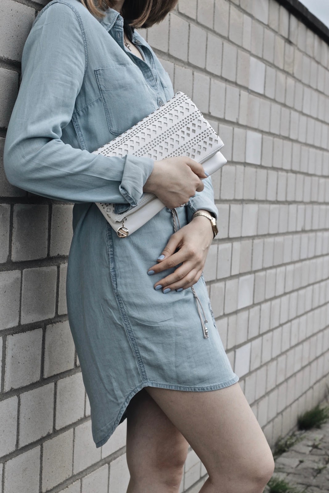 Denim Dress & White Clutch Casio, Hallhuber, H&M