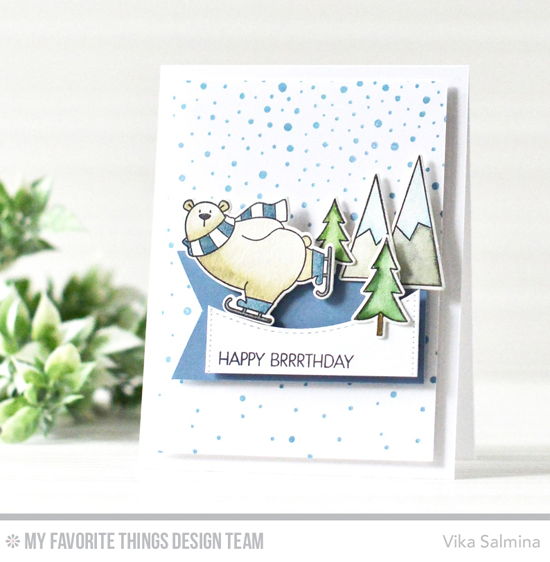 Handmade card from Vika Salmina featuring Chill Wishes and Birdie Brown Polar Bear Pals stamp sets and Die-namics, Snowfall Background stamp, and Stitched Snow Drifts Die-namics #mftstamps