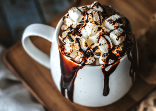 hot chocolate with marshmallows, cream and chocolate sauce on in a white mug.