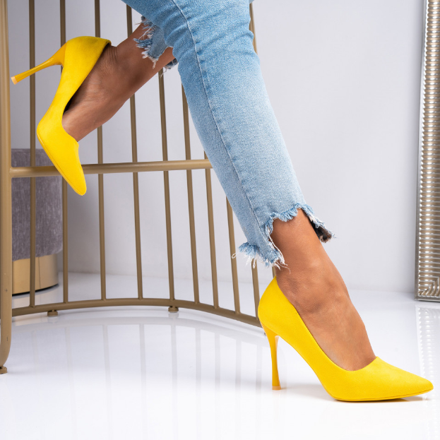 Pantofi Stiletto Dama Piele Ecologica Intoarsa Galbeni cu toc inalt