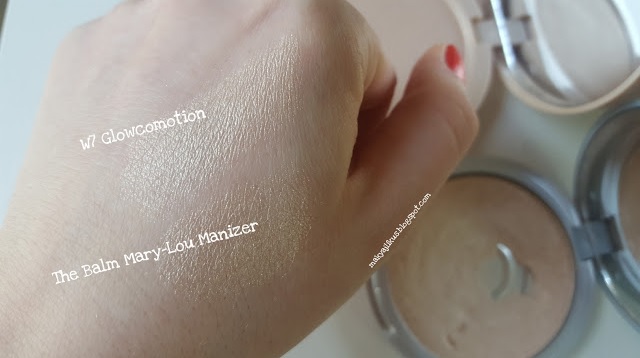 W7 Glowcomotion Aydınlatıcı vs The Balm Mary-Lou Manizer W7 Glowcomotion Aydınlatıcı Shimmer Highlighter Eyeshadow