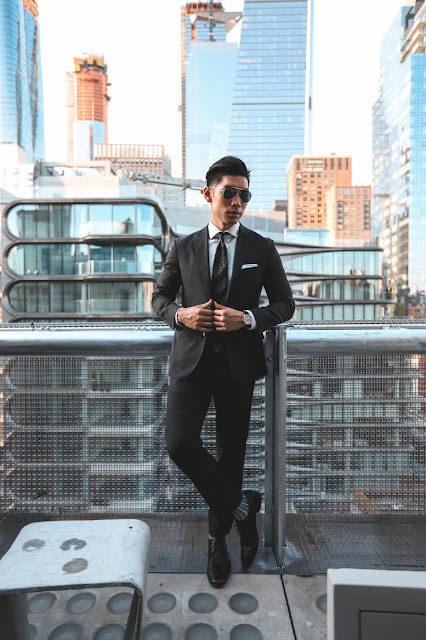 Leo Chan wearing Todd Snyder Business Professional Black Suit, Ulysse Nardin Freak Out Watch | Asian Male Model