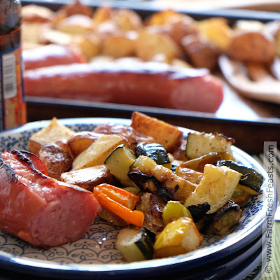 Roasted potatoes, peppers, yellow squash and zucchini with kielbasa. Fresh ingredients simply seasoned for a simple dinner when you don't have a plan in mind.