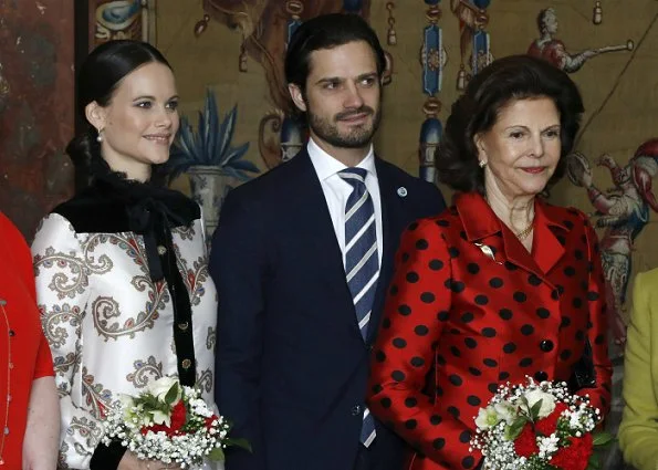 Queen SIlvia and Prince Carl Philip at Lunch. Princess Sofia Hellqvist wore Philosophy by Lorenzo Serafini casual dress