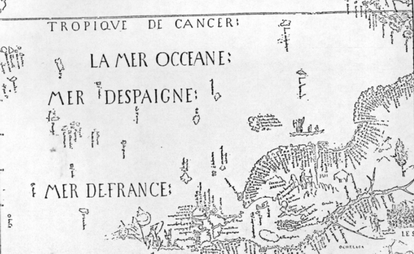 Parte do mapa Desceliers de 1546 mostrando a Ilha das Sete Cidades e outras ilhas imaginárias.