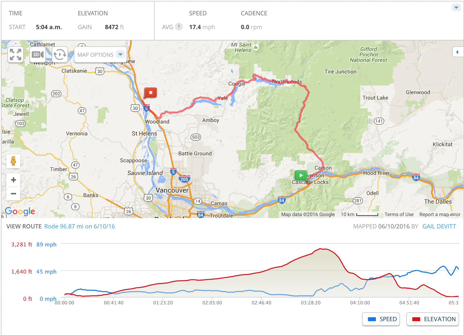 Gail Cycles the Mountains Mexico to Canada: Daily Routes (Mapped on Map ...