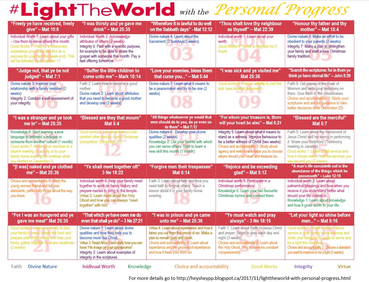 Lds Light The World 2023 Calendar HEY sHEY My ProgrÈssO Personal! LIGHTtheWORLD with Personal Progress 2017