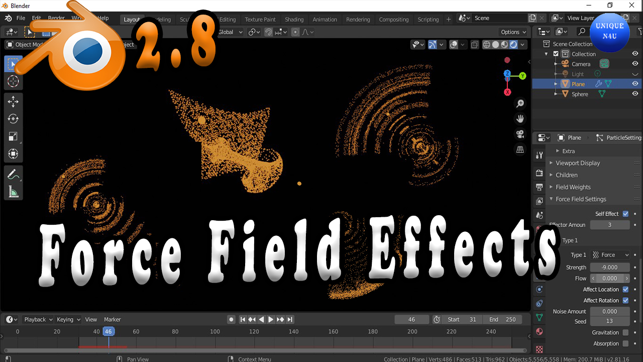 Emitter Particles Self force field Effects in Blender 2.8 Tutorial 2020