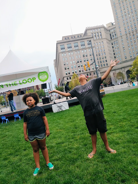 Joann Fabrics' finger knitting day on Cleveland's Public Square.