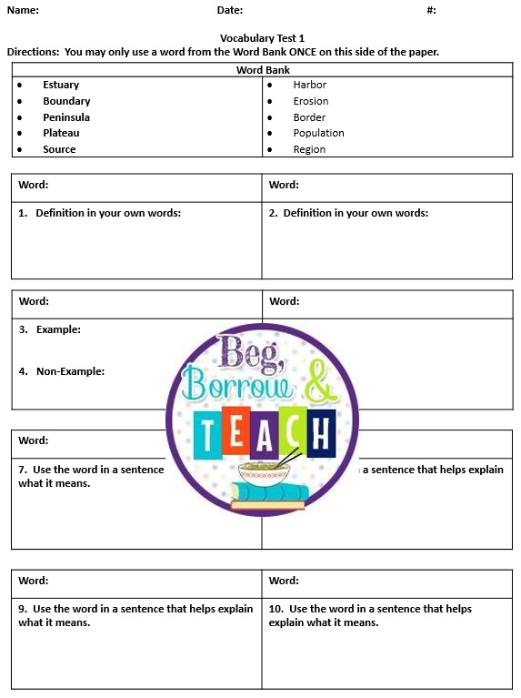 Beg, Borrow, and Teach!: Vocabulary Test Template